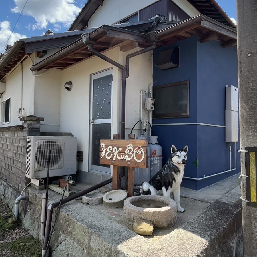 EKüBOの木の看板と犬の置物